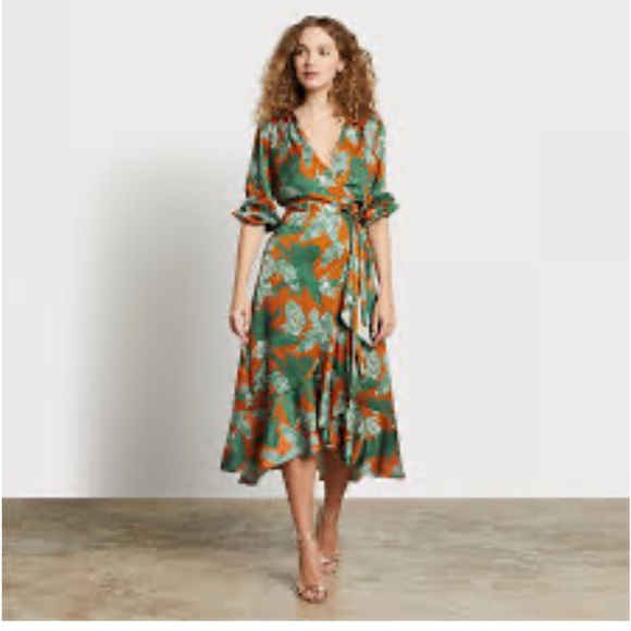 Sam Edelman orange green crepe wrap raffle midi dress size 6new - Picture 2 of 11